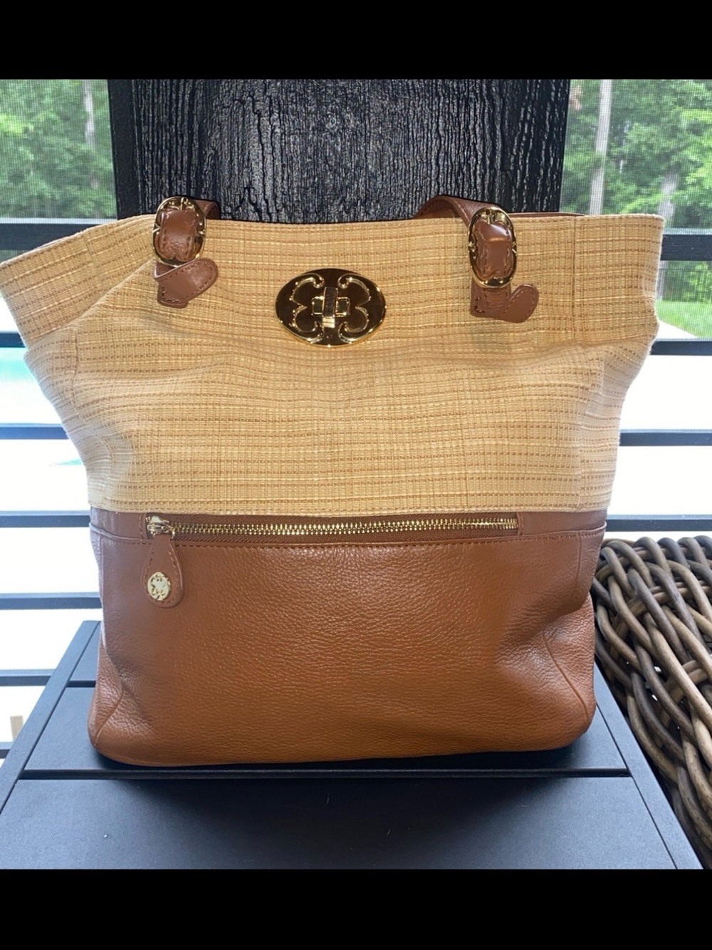 EMMA FOX Straw and Leather Tote - Picture 2 of 7